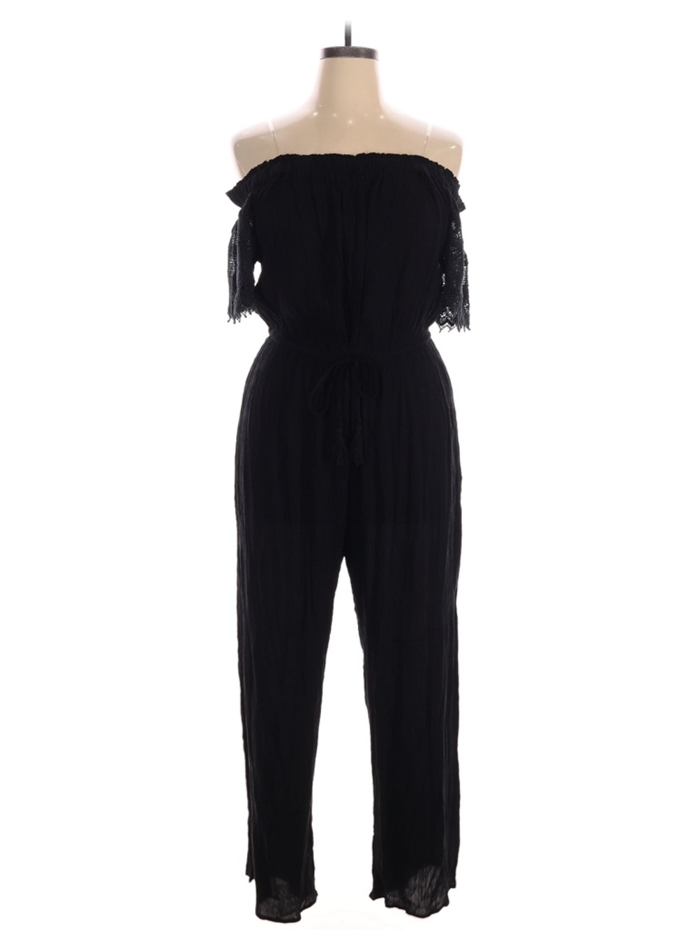 Off-Shoulder Black Lace-Sleeve Jumpsuit